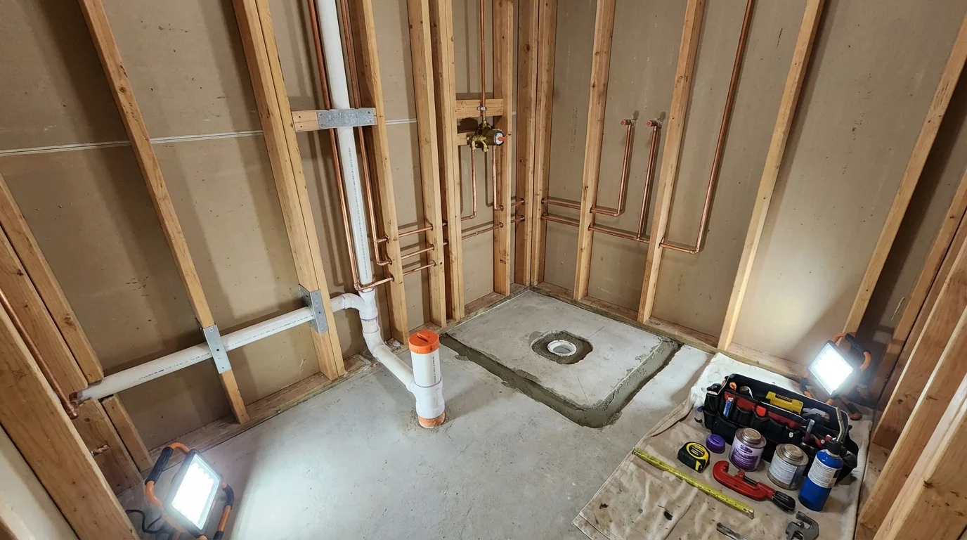 Bathroom rough-in plumbing during remodel by Johns Plumbing LLC in Davis