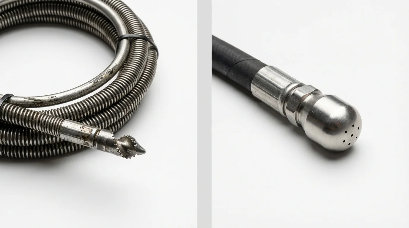 Drain snake cable and hydro jetting nozzle used for drain cleaning in Davis, CA