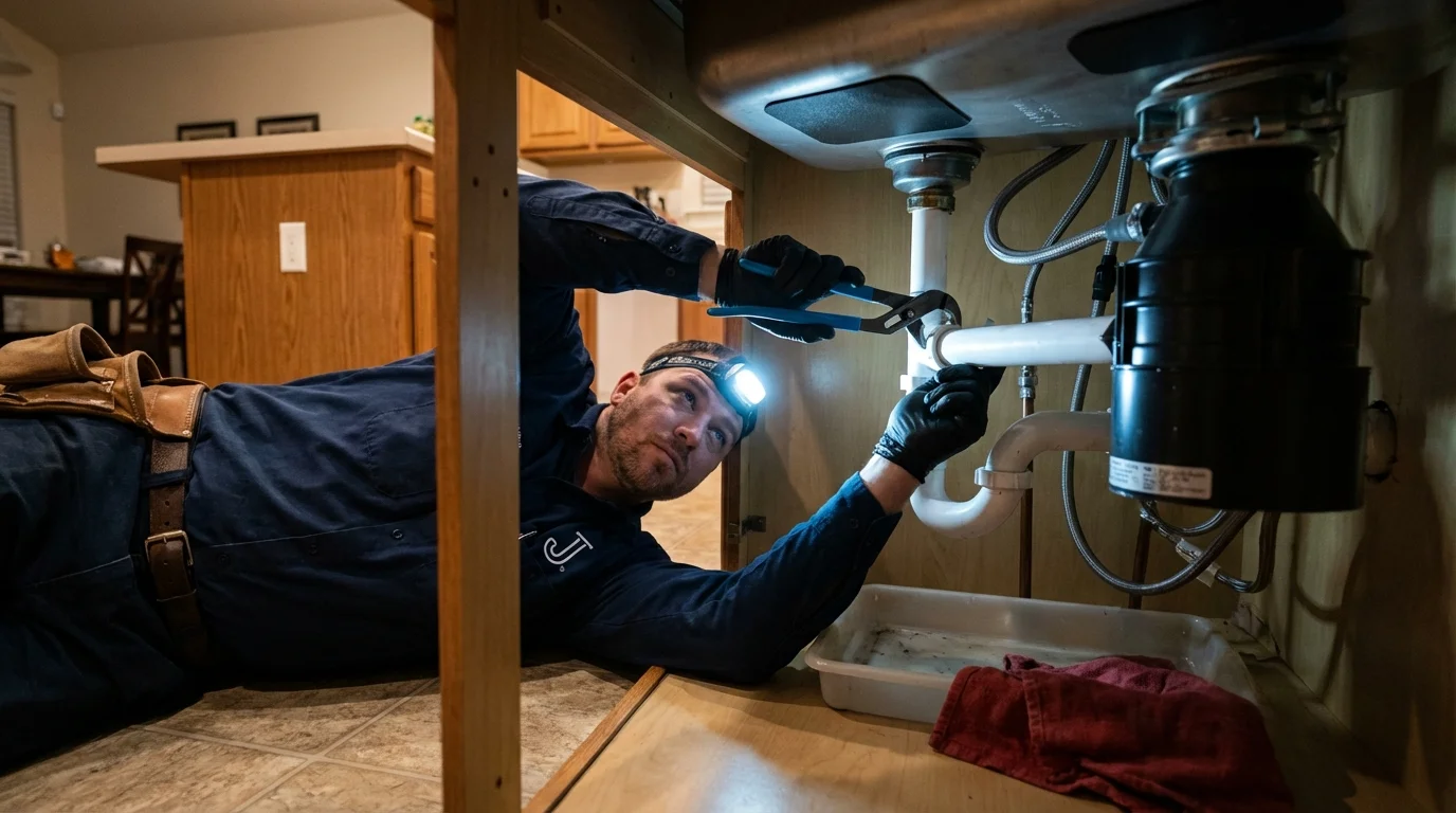 P-trap and supply line connections under a kitchen sink showing a common leak point in Davis, CA
